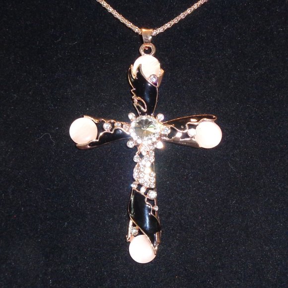 Beautiful Big Black Enamel & PINK Cabachon Cross Necklace - Picture 2 of 4